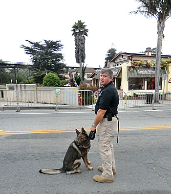 A sign of the times: Bomb-sniffing dogs at the end of the race. WtW_SignsTime Wharf to Wharf Times Publishing Group Inc tpgonlinedaily.com